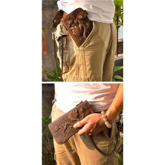 Mens Genuine Leather Bifold Wallet Organizer Checkbook Iron Chain - Picture 7 of 8